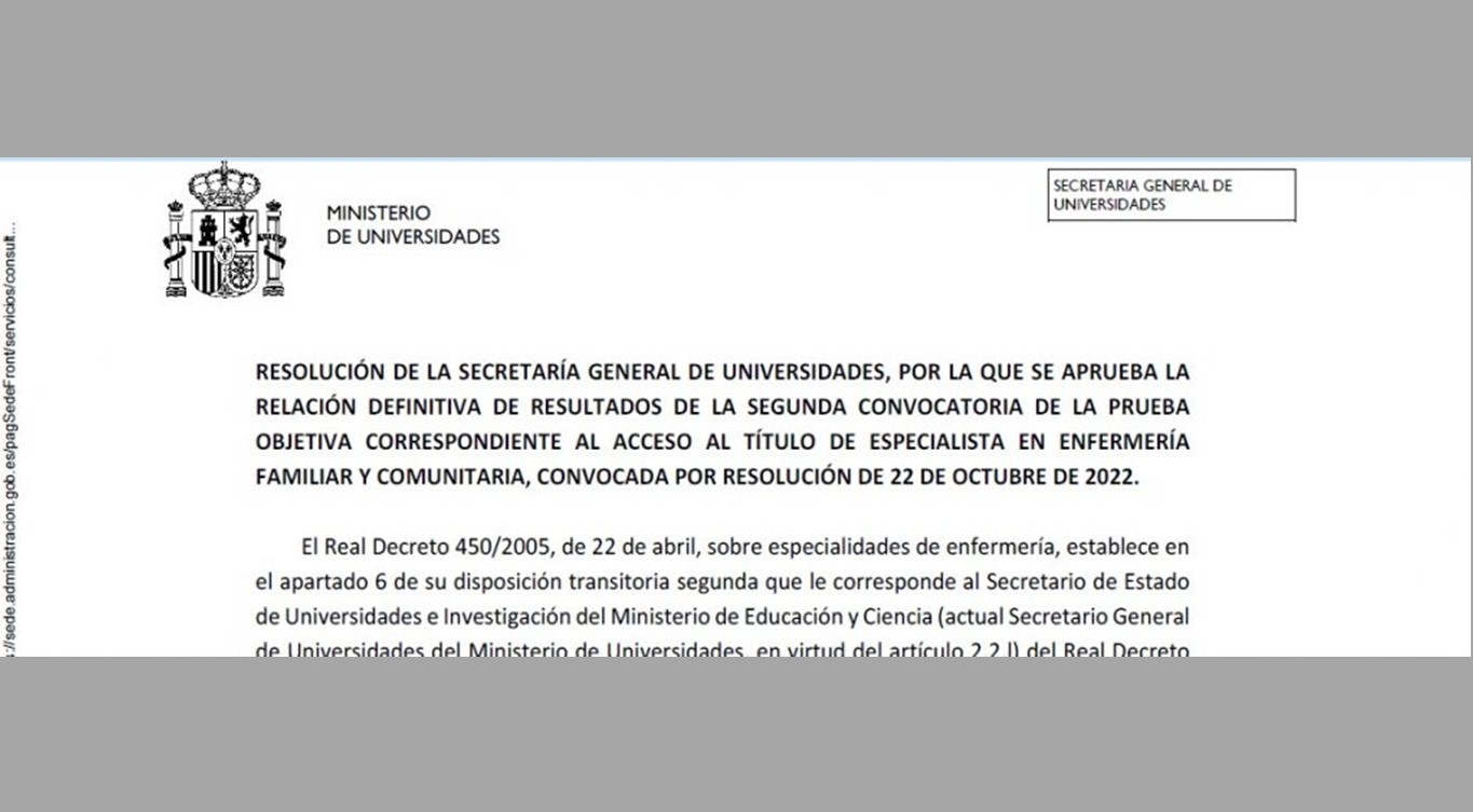 Publicada la resolución de resultado de la 2ª prueba de la Vía excepcional de la especialidad