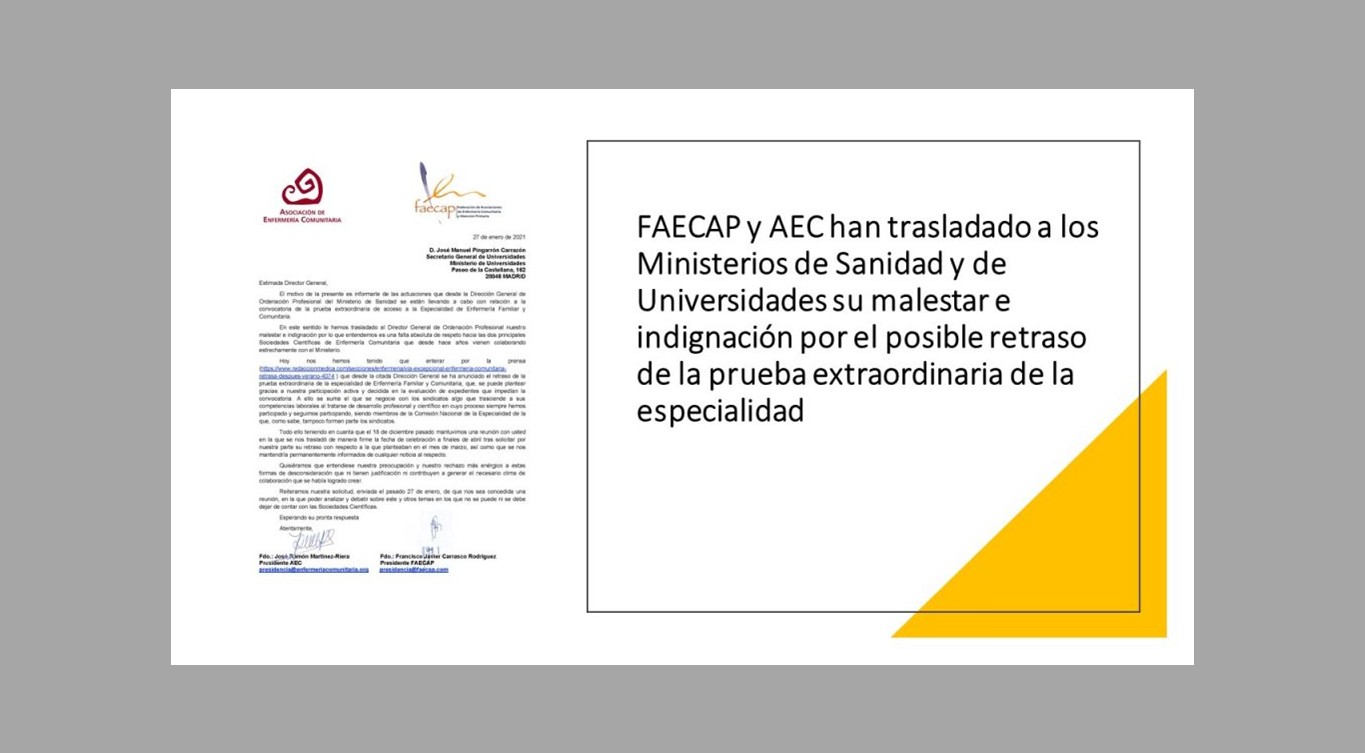 FAECAP y AEC han trasladado a los Ministerios de Sanidad y de Universidades su malestar e indignación por el posible retraso de la prueba extraordinaria de la especialidad
