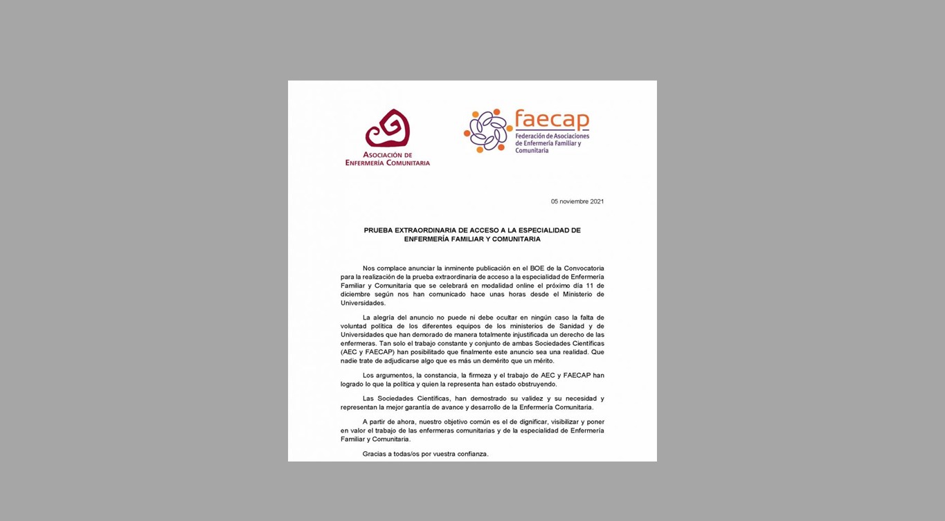 El próximo 11 de diciembre será la fecha prevista para la realización de la prueba extraordinaria de acceso a la Especialidad de EFyC