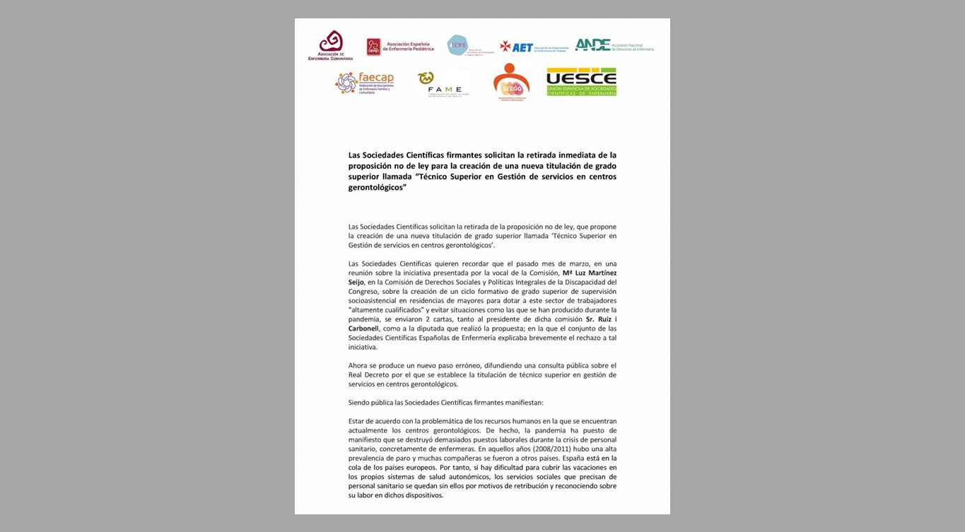 Las Sociedades Científicas solicitan la retirada de la proposición no de ley, que propone la creación de una nueva titulación de grado superior llamada -Técnico Superior en Gestión de servicios en centros gerontológicos-