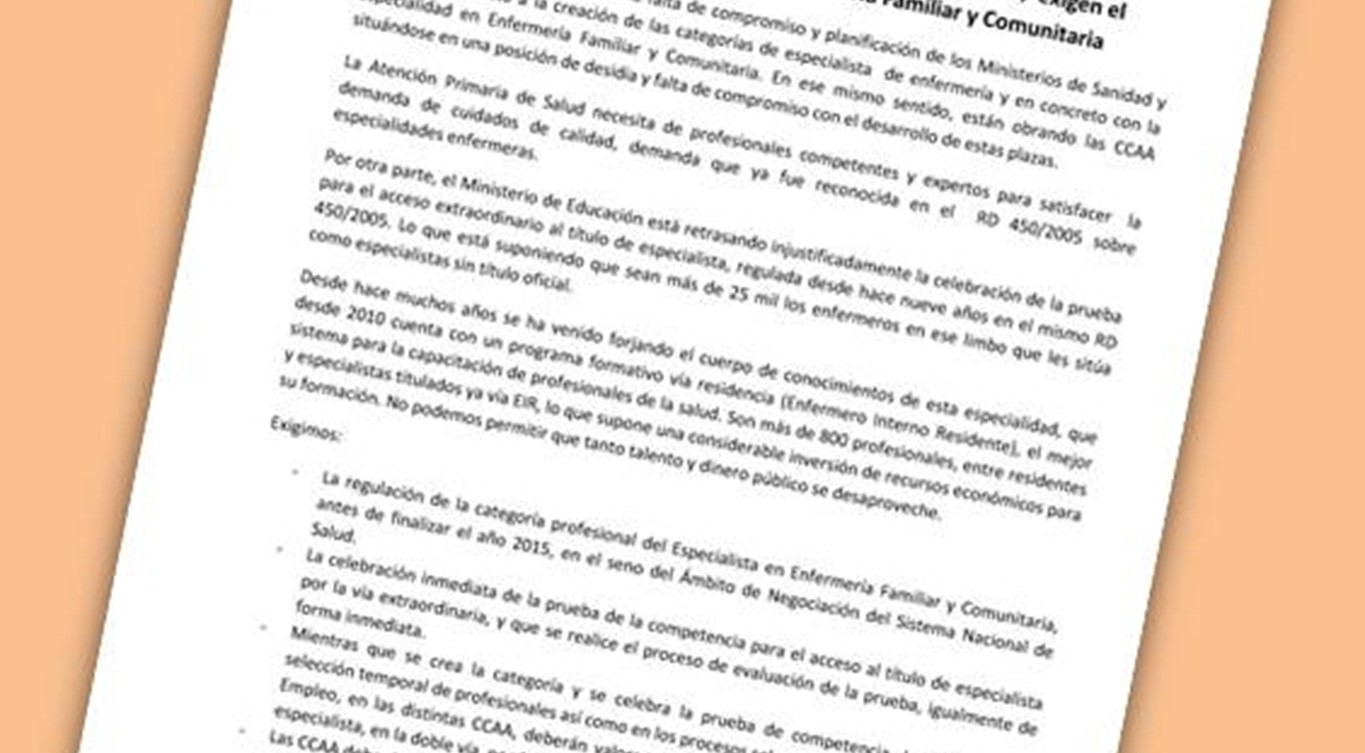 Las organizaciones participantes en la II Jornada por la Especialidad en Enfermería Familiar y Comunitaria, celebrada el pasado 30 de mayo de 2014, exigen el reconocimiento de la Especialidad en Enfermería Familiar y Comunitaria